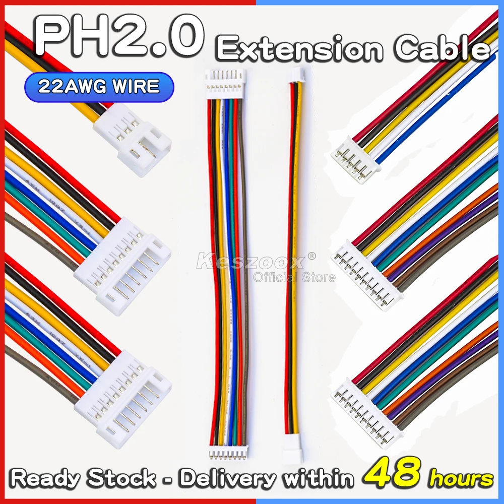 Tcenofoxy JST PH2.0mm Extension Wire Cable Connector 2/3/4/5/6/7/8/9/10Pin 10/20/30/50/40/25cm Male Female Socket Terminal 22AWG
