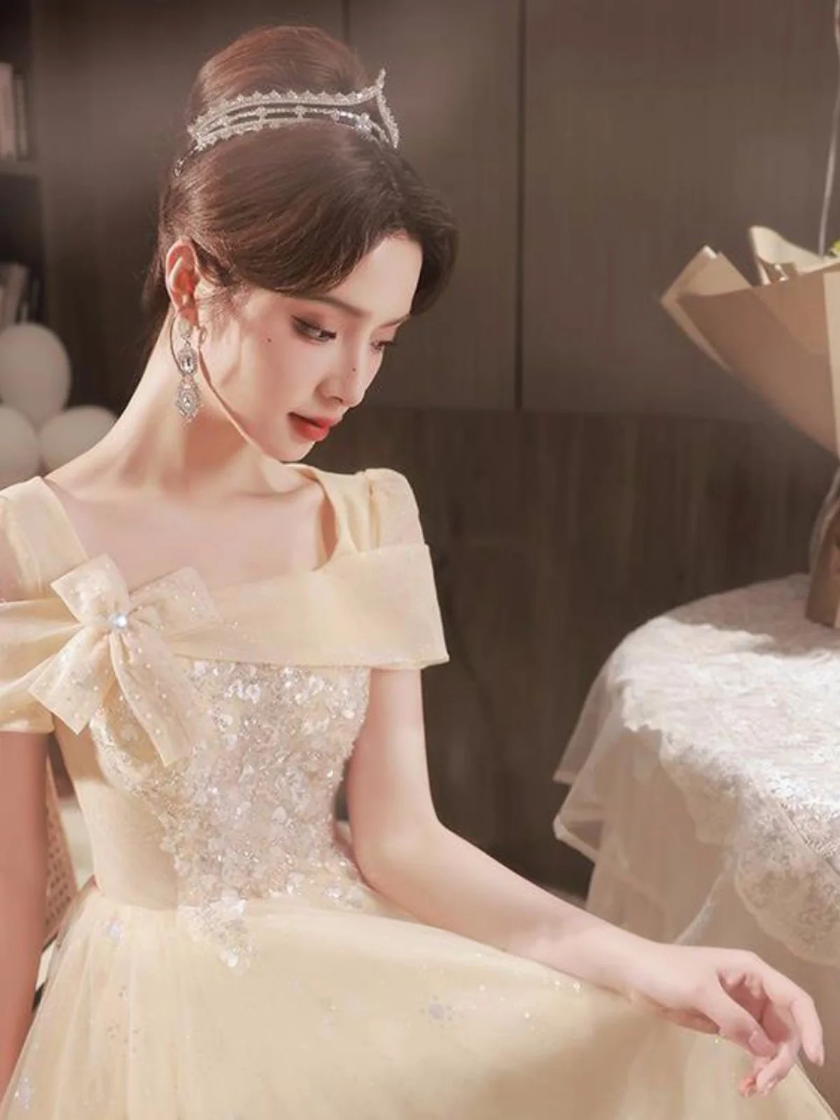 

Ele Evening Gown Women's Voice Birthday Par Lightweight Luxury High-End Art Exam Skirt Korean Sle Floral Mid-Waist