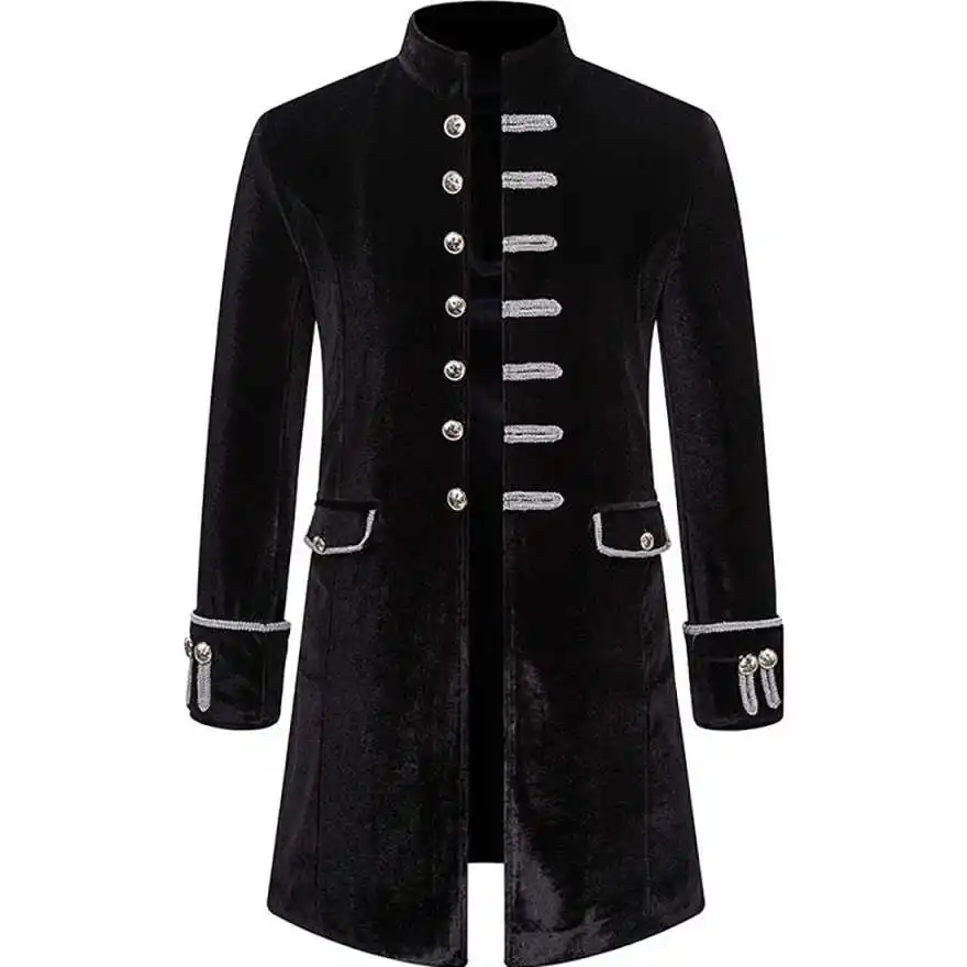 Classic Velvet Medieval Coat Stand Collar Decorative Button Mid Long Gothic Jacket For Stage Performance Occasion Customized