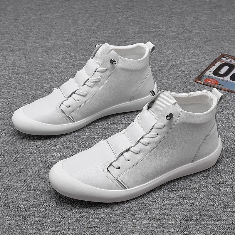 100% Genuine Leather Shoes Men High Top Sneakers Fashion Men White Shoes Cool Street Man Footwear Tenis Masculino Casual Botines