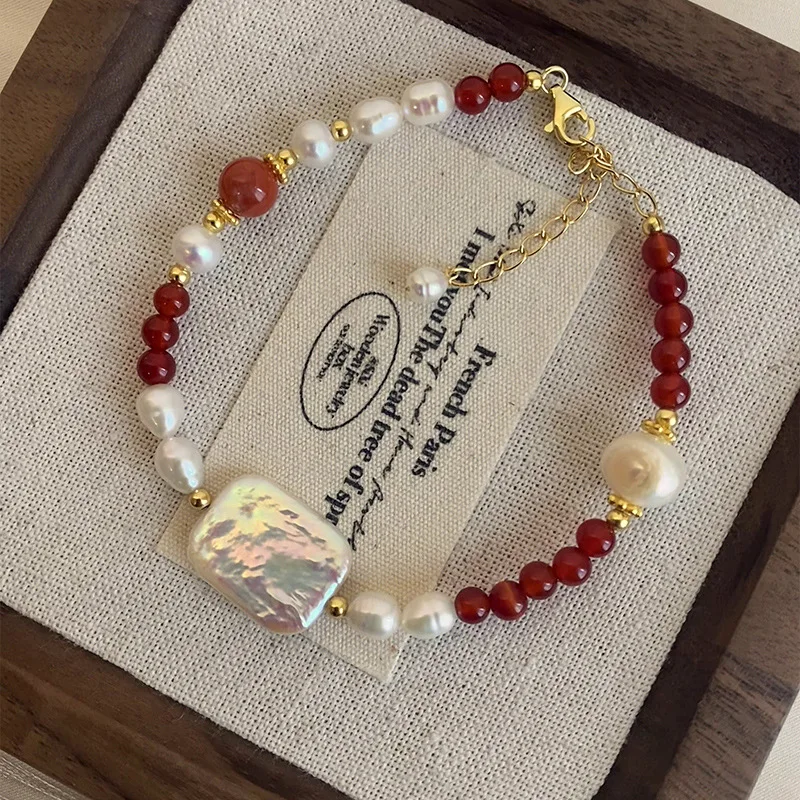 

Minar Exquisite Baroque Freshwater Pearl Red Agate Natural Stone Beads Beaded Strand Bracelet for Women Real Gold Plated Copper