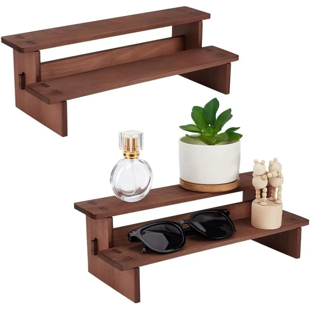 2 Sets 2-Tier Wooden Display Riser Shelf 11.65x4.69x3.78inch Camel Tabletop Small Food Stand Risers Display Makeup Step Perfume