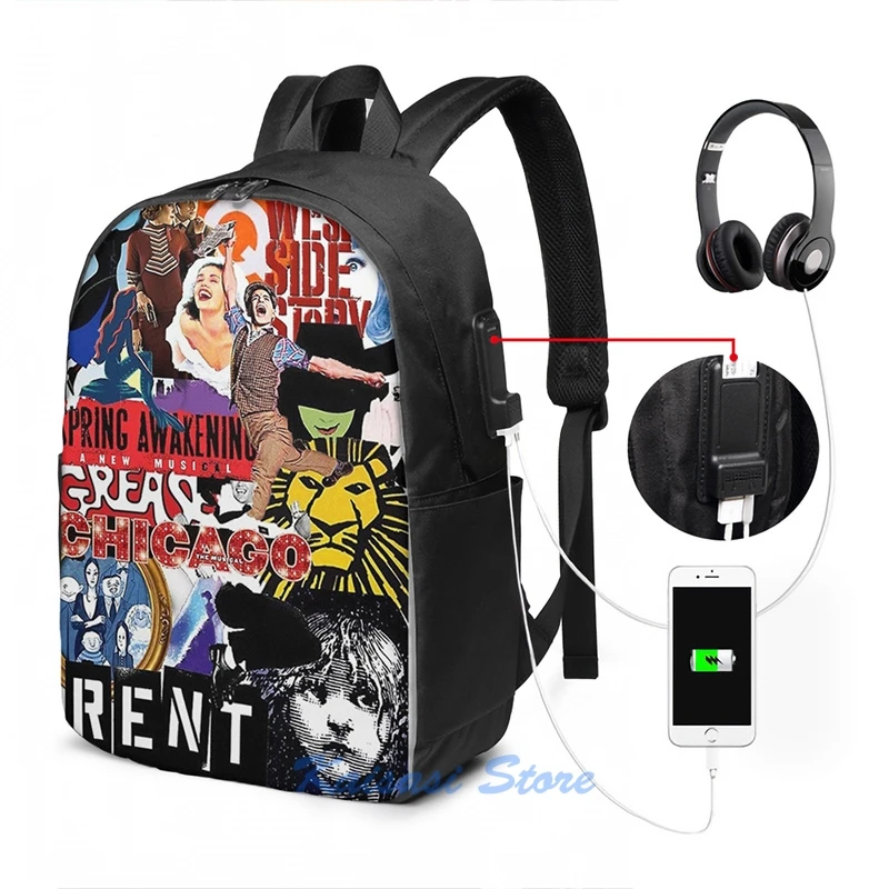 Funny Graphic print broadway theatre USB Charge Backpack men School bags Women bag Travel laptop bag