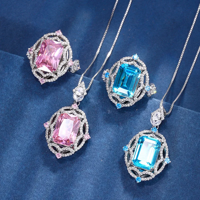 

Jewelry Gold Plated Aquamarine Pink Diamond Fresh Set Pendant Ring 10*14