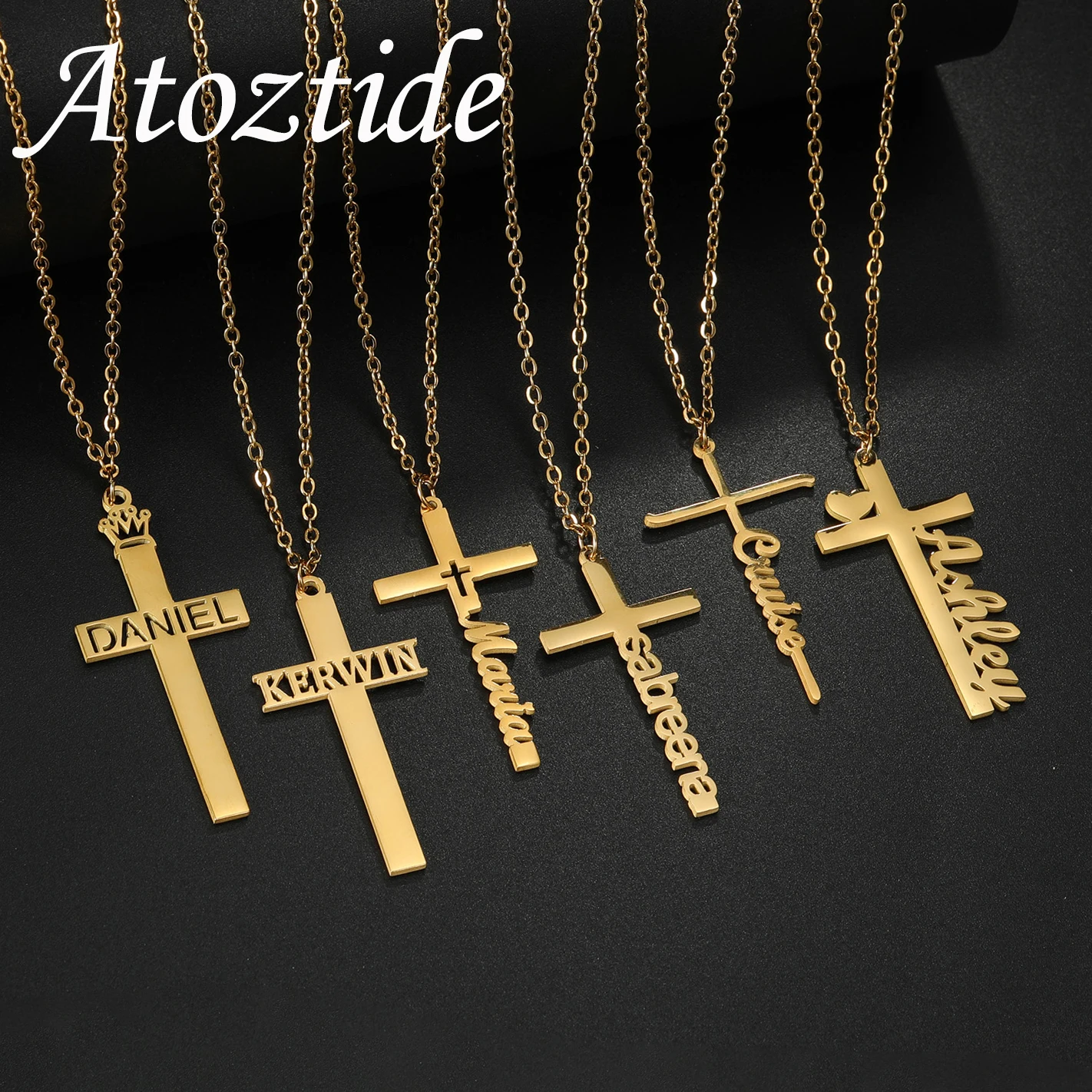 Atoztide – collier croix avec nom personnalisé pour femmes et hommes, bijoux en acier inoxydable, pendentif en forme de chaîne, cadeau d'anniversaire personnalisé
