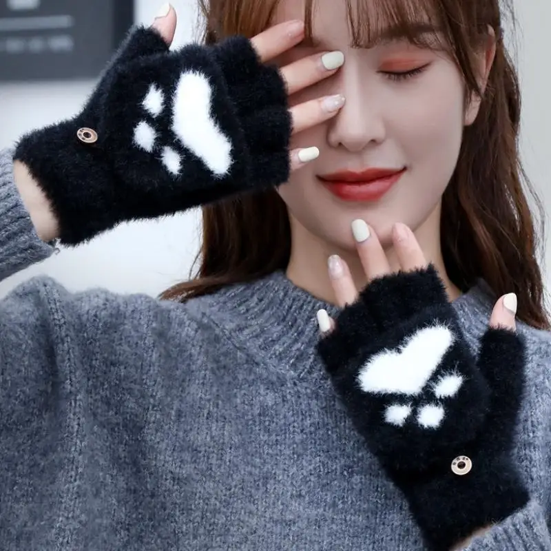 Dicke warme Katzenhandschuhe für Damen, modische Katzenpfoten-Plüschhandschuhe für Mädchen, weiche Plüsch-Kurzhandschuhe, fingerlose Winterhandschuhe. – Detail 6