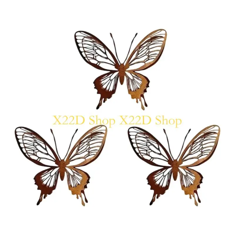 X22D Butterfly Form Metal Piece with Shared Iron Build, Aged Finish, and Wing Line Detail for Garden Display Shared Use