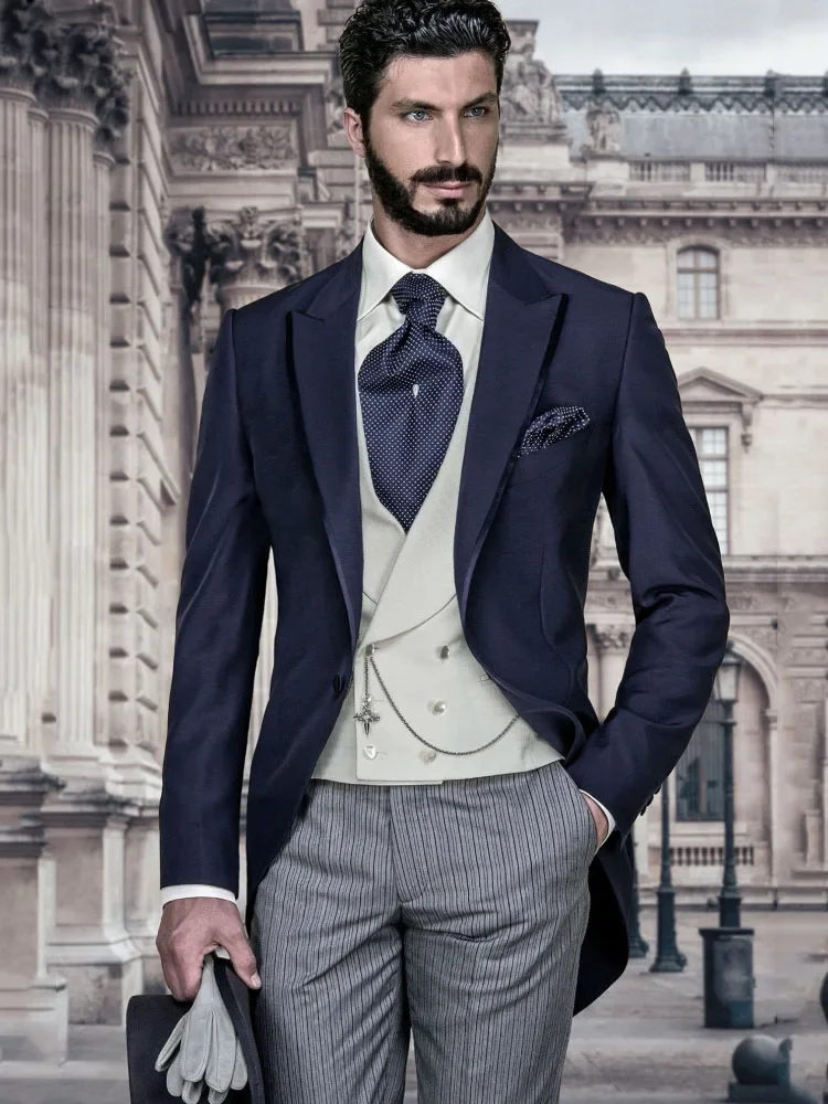 

Men Suit Business Navy Blue 3 Pieces Double Button Tuxedo Set Jacket Vest With Pants Casual For Wedding Birthday Banquet Work