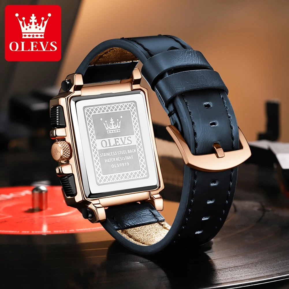 OLEVS Watches for Men Quartz Chronograph Leather Watch Date Waterproof Luminous Casual Square Fashion Business Wrist Watches