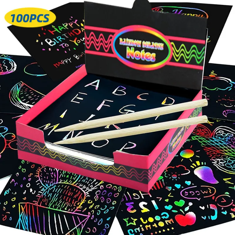 100pcs Rainbow Scratch Mini Notes Paper Pad Cards With 2 Stylus For Childrens Draw Painting Toys Craft Birthday Christmas Gift