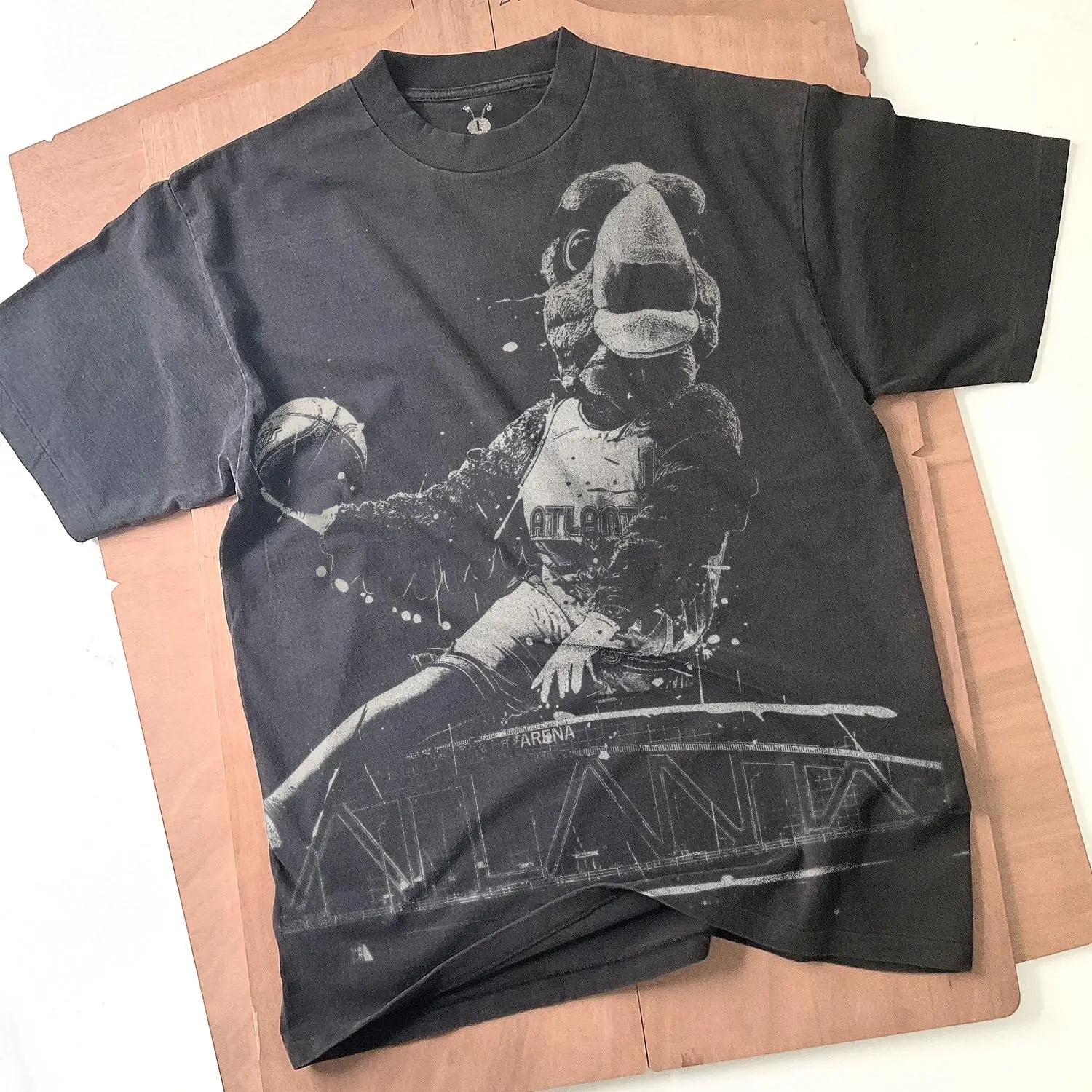 Harry The Hawk Handmade Bleached T-Shirt: Basketball Mascot Spray Art Faded Black Cotton Unisex Tee