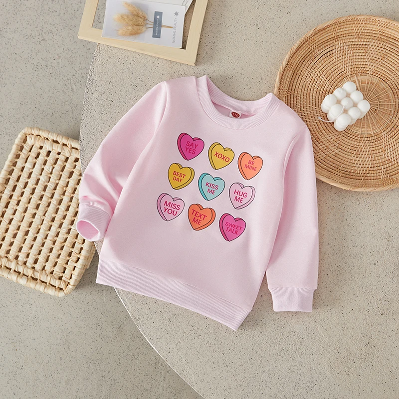 

Suefunskry Kids Girls Valentine's Day Sweatshirts Heart&Letter Print Long-Sleeved O-neck Pullovers Loose Casual Warm Tops