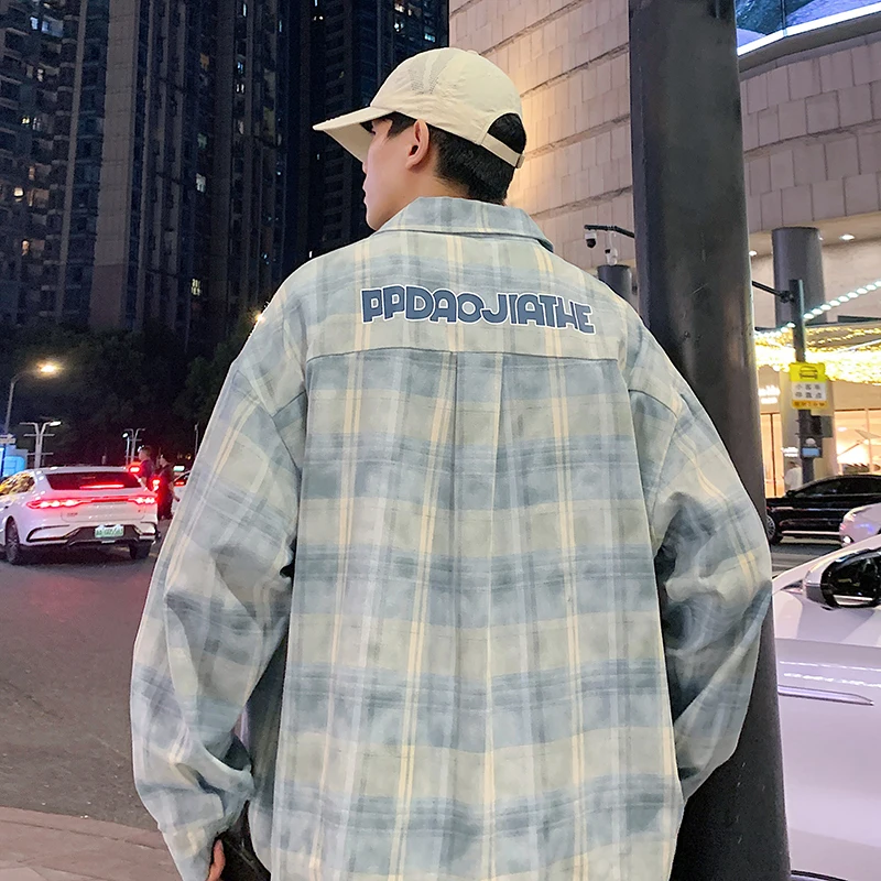 2025 Spring and Autumn New Blue Plaid Men's Long Sleeve Shirt American Style Youth Loose High-end Casual Yellow Shirt