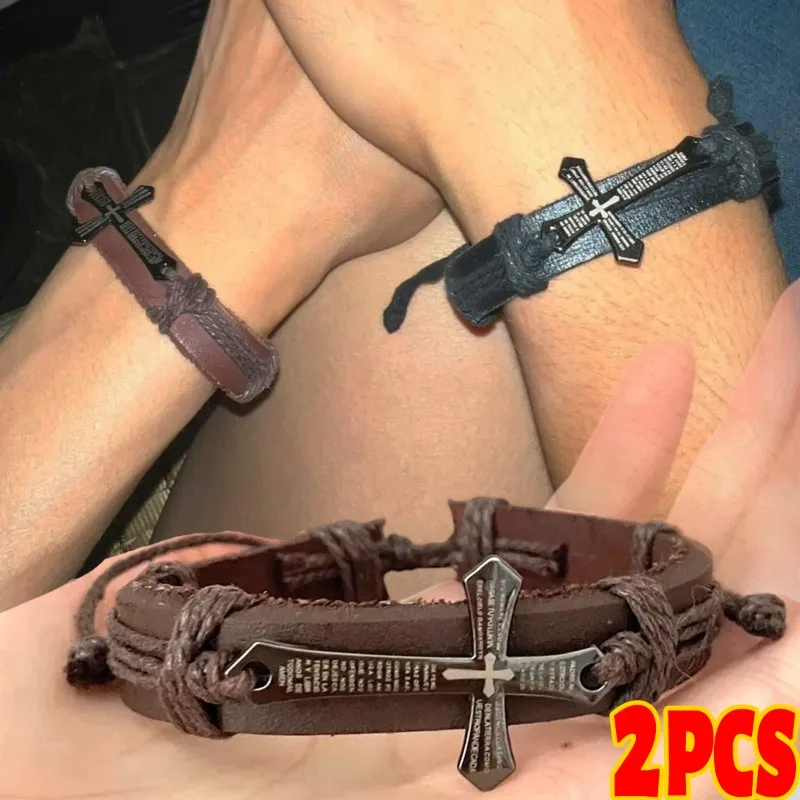 1/2 قطعة بولي Leather الجلود الصليب المنسوجة يدويا أساور للرجال النساء ريترو الشرير المعادن الصليب الكتاب المقدس قابل للتعديل أساور الأساور الهدايا