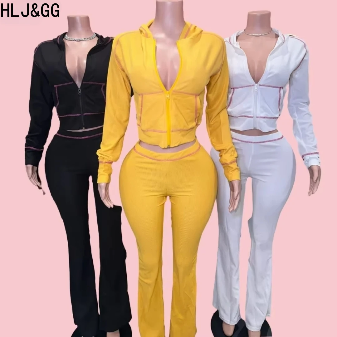 

HLJ&GG Spring Solid Waffle Flare Pants Two Piece Sets Women Hooded Zip Long Sleeve Crop Top And Skinny Pants Outfits Streetwear