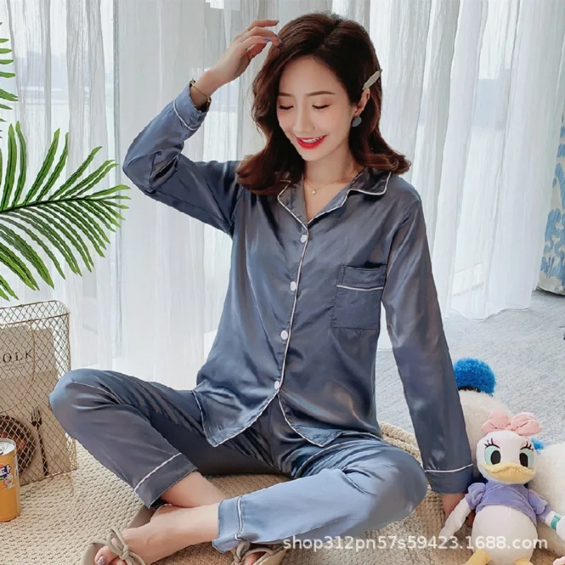 Women Pajamas Solid Color Long-Sleeve Ice Silk Autumn Girl Student Korean Style Casual Cardigan Homewear Long-Sleeve Set Pajamas