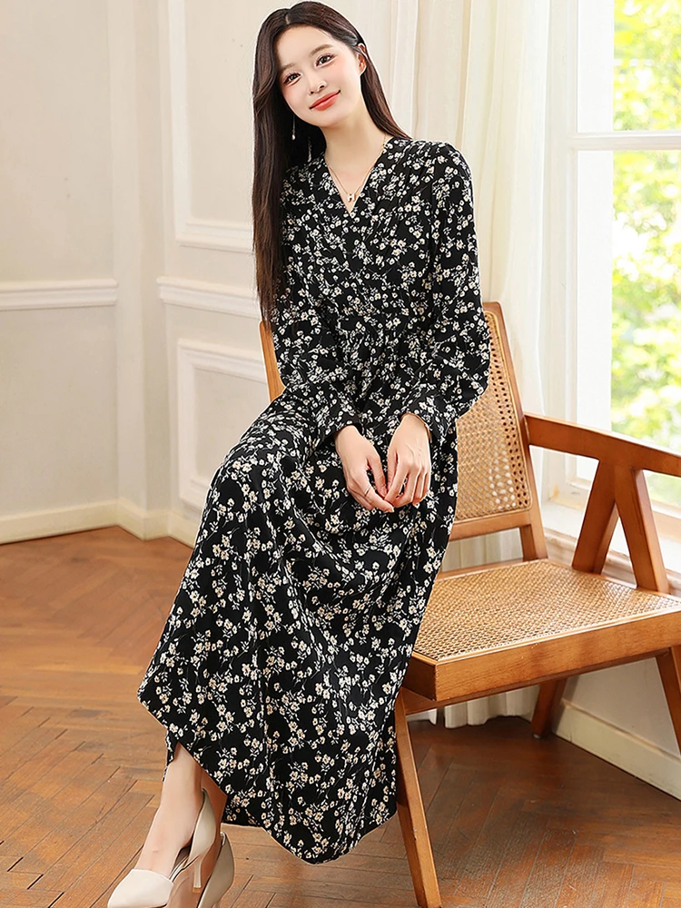 Primavera otoño negro gasa blanco Floral vestido largo 2025 coreano Vintage ropa de fiesta de lujo mujeres de manga larga vestido de fiesta con cuello en V