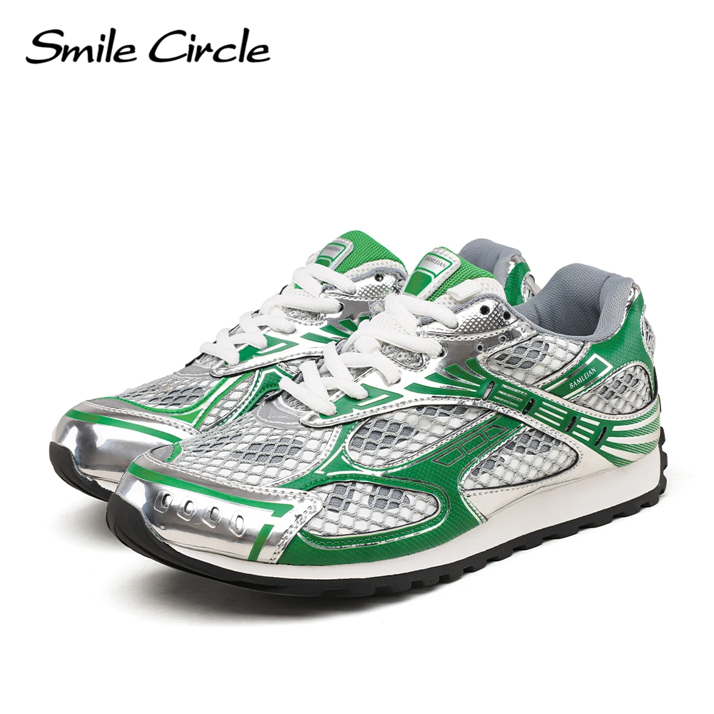 Smile Circle Orbit Sneakers Women Retro Lace-up Round toe Trainers Breathable Mesh Casual Shoes Silver/Green/Burgundy