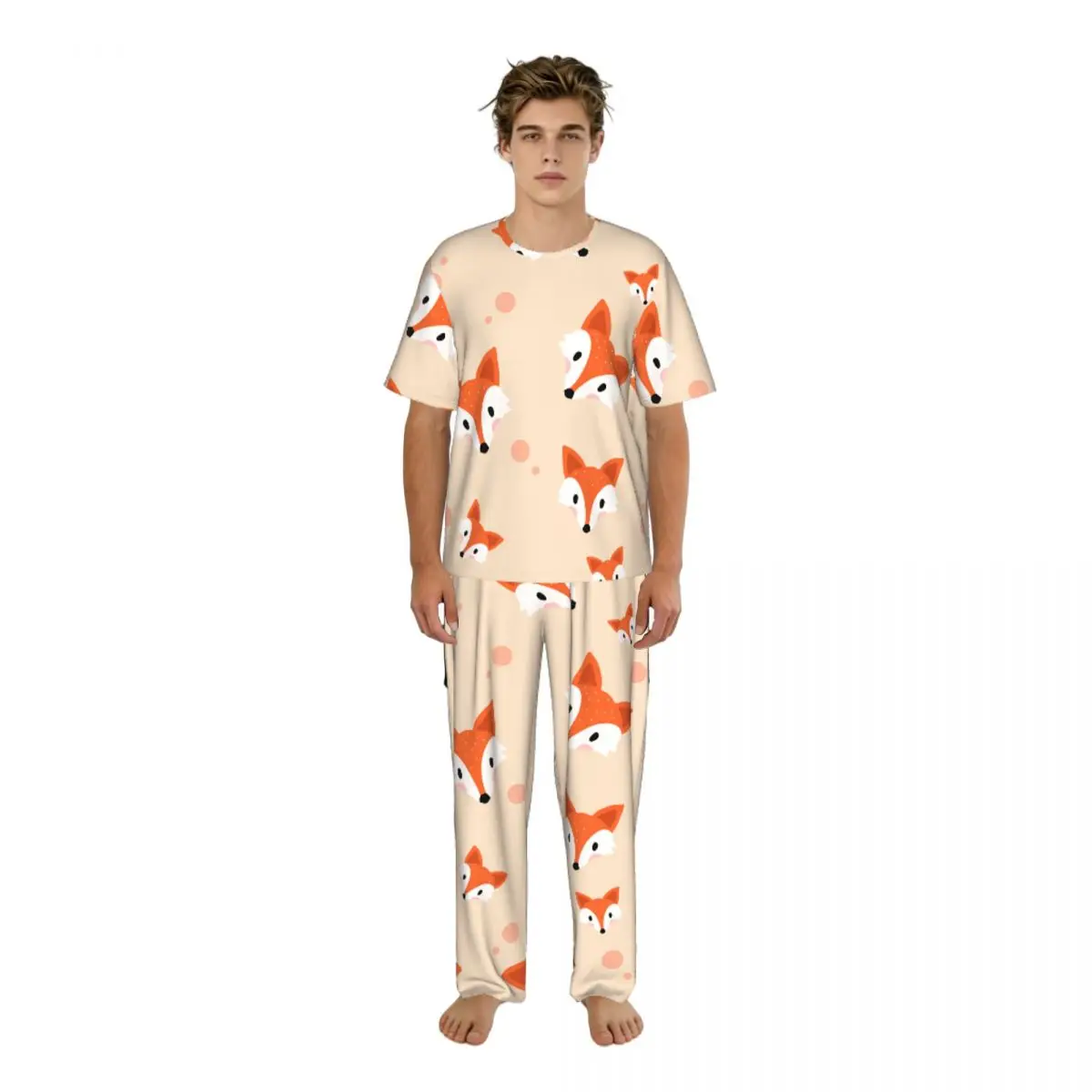 

Men's short-sleeved pajamas two-piece trousers Cute Hat Fox Pattern home wear suit sleepwear