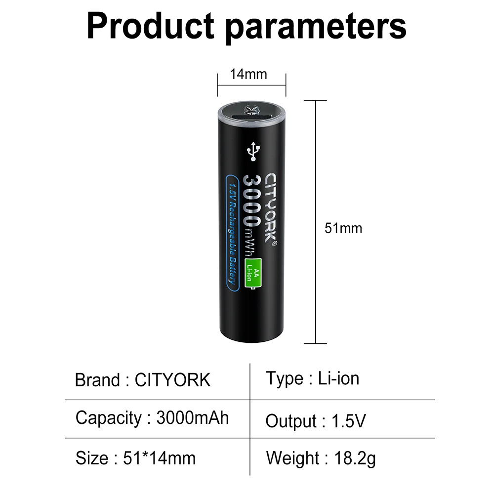 CITYORK 1.5V AA Li-ion Rechargerable Battery USB Port Charging AA 2A Batteries With USB Cable For Remote Control Toy Clock