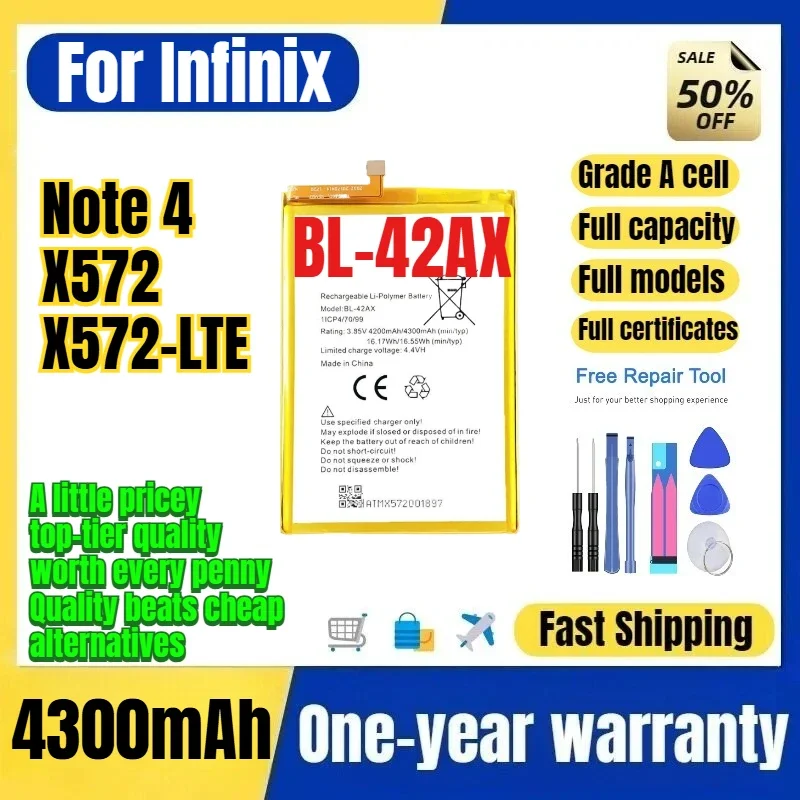 BL-42AX for Infinix Tecno Note 4/X572/X572-LTE Phone Battery High Capacity Battery Replacement Bateria Grade A Cell with Tools