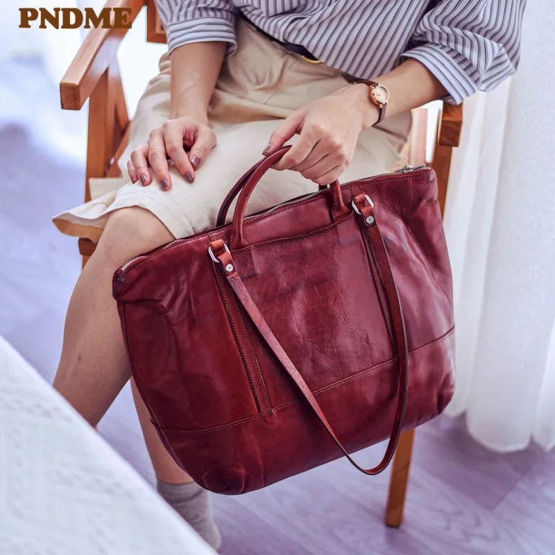 

PNDME fashion vintage designer handmade genuine leather women handbag organizer luxury shopping cow leather female shoulder bag