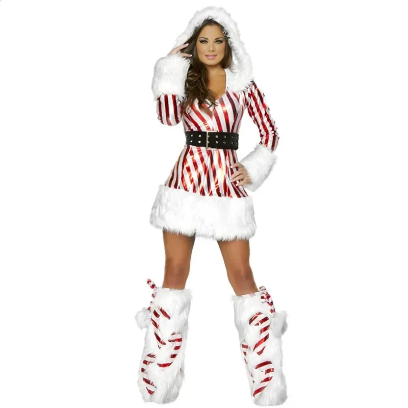 

Women Christmas Hooded Dress Winter Velvet Christmas Striped Mrs Claus Santa Cosplay Costume Xmas Holidays Party Fancy Dress