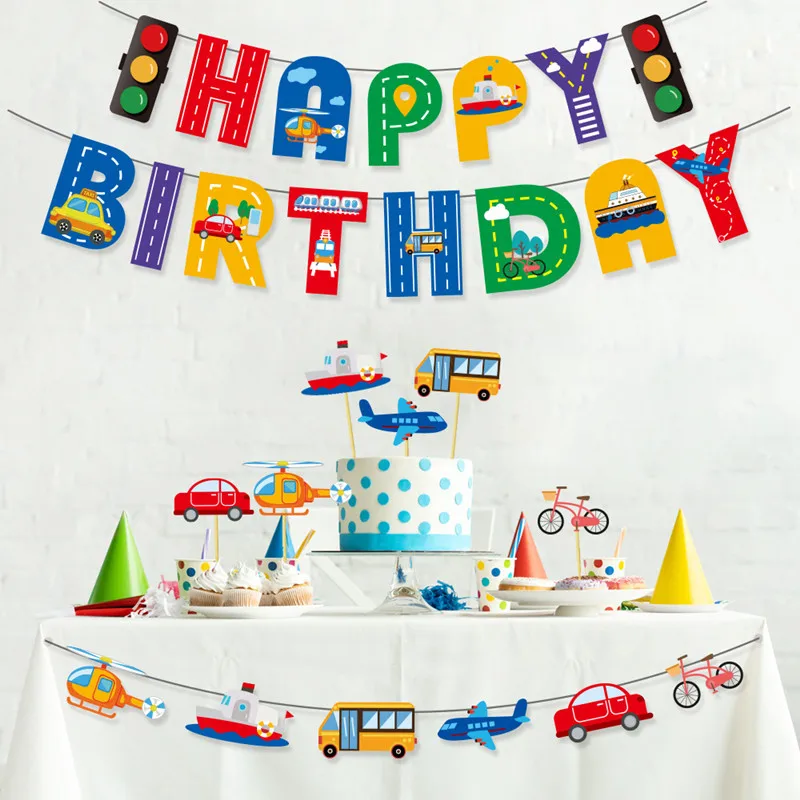 1Set Happy Birthday Banner Cartoon Car Airplane Fire Truck Racing Transporter Flags Decor For Boys Kids Party Decoration