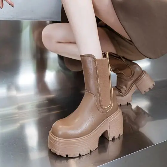 9cm New ROME Genuine Leather Ankle Motorcycle Chelsea Booties Women Autumn Ladies Elastic Spring Arch Support Stable Shoes