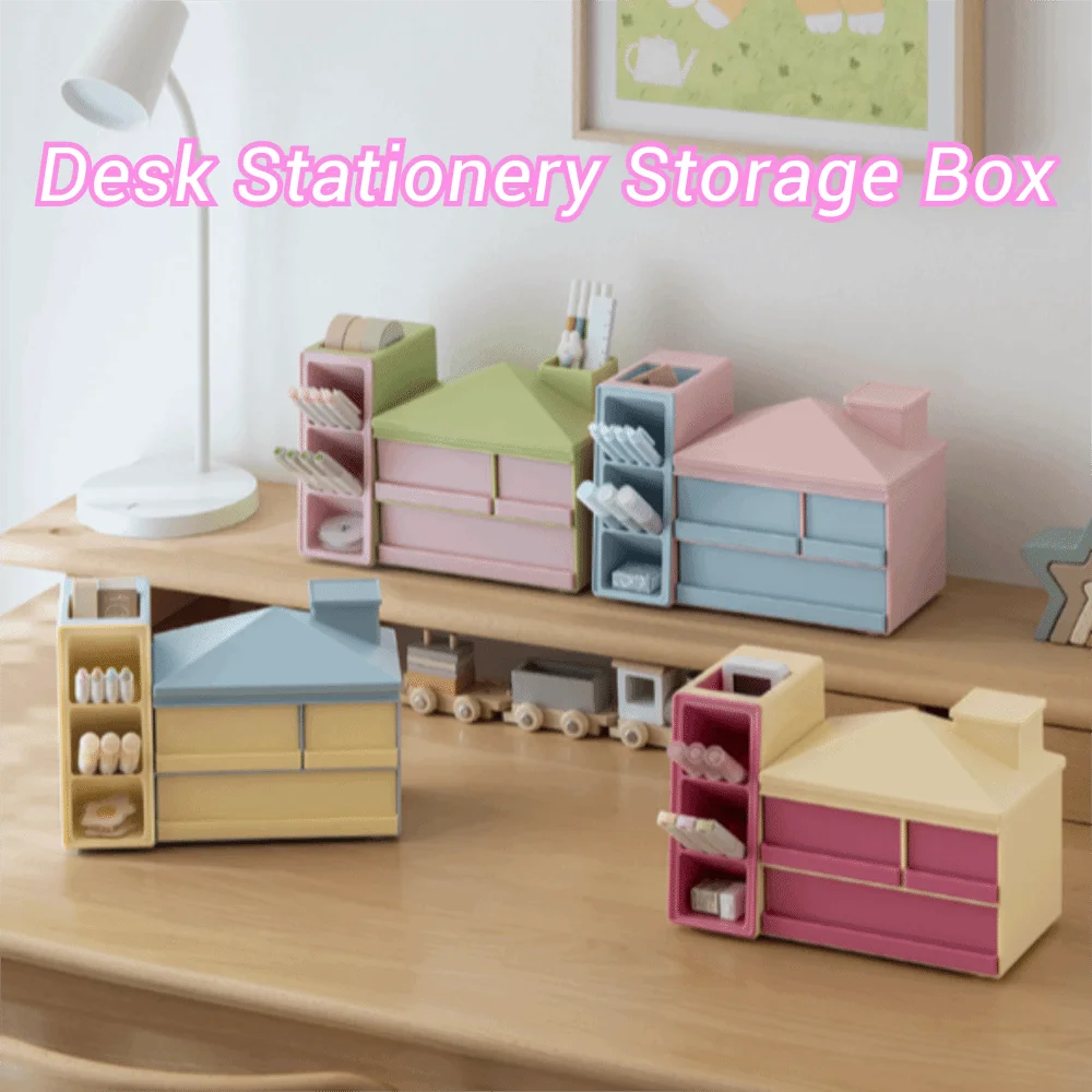 

Large Capacity Slanted Pen Holder Desk Organizer with Drawer Desk Stationery Storage Box Finishing Shelf Dopamine