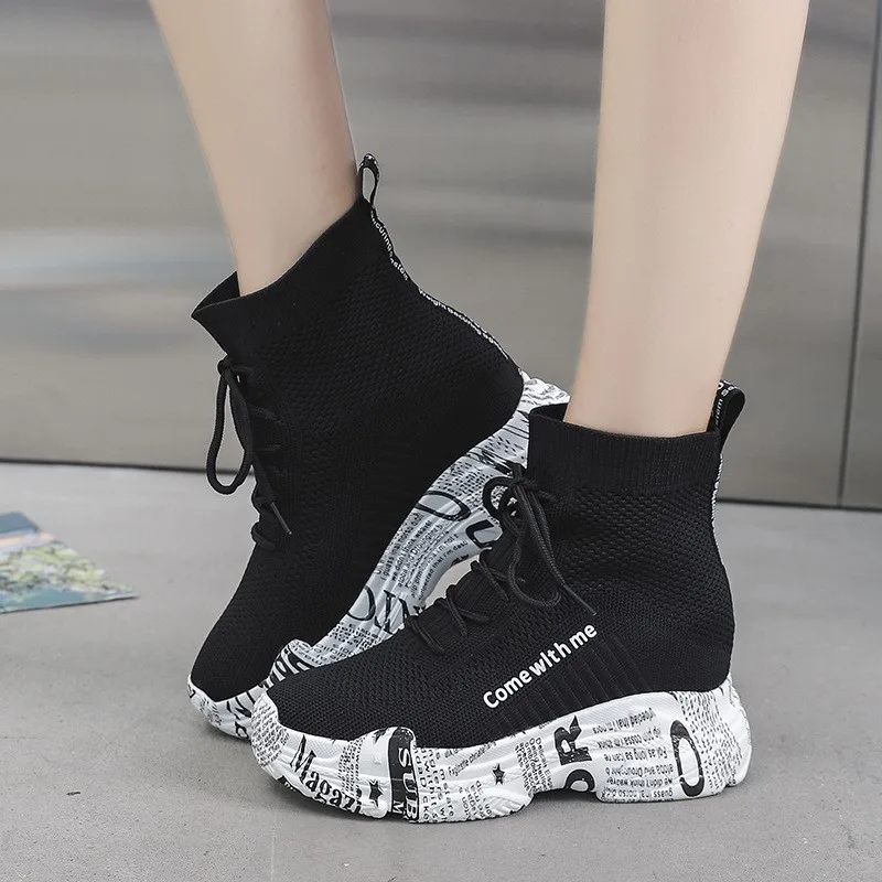 Flying woven elastic little white shoes women spring autumn new style with newspaper shoes high heel muffin socks shoes C1345