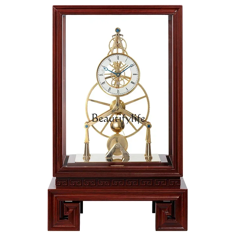 style  Clock living room pendulum desktop creative big round wheel perspective gear mechanical clock mahogany ebony solid wood