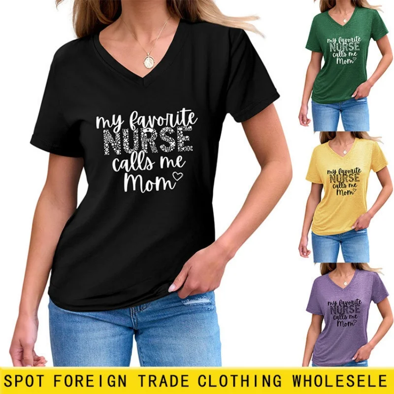 

Summer V-neck letter print short-sleeved T-shirt for women - stylish American retro style top