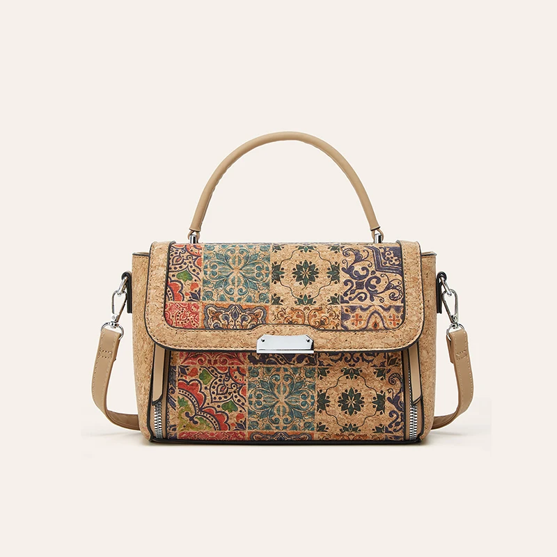 

Сумка через плечо из пробковой кожи с национальным принтом, вместительная, с клапаном, на одно плечо, разноцветная