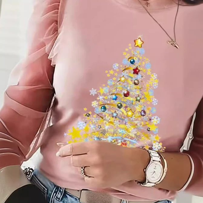 Top informal de manga larga con Cuello medio alto para verano, Top ajustado de malla empalmada con estampado navideño, 2024