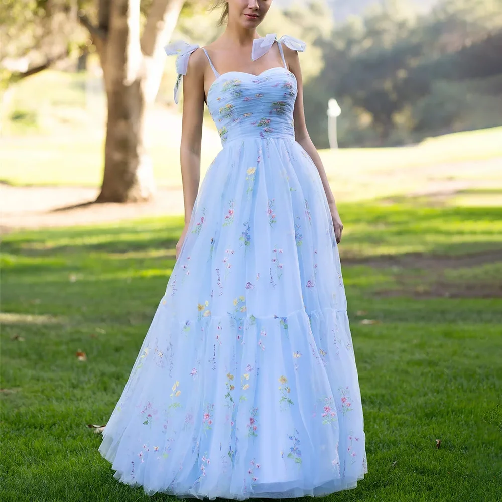 Robes de soirée en tulle pour femmes, appliques de fleurs gracieuses, bretelles spaghetti, A-ligne, longueur au sol, robe de soirée formelle, éducatif