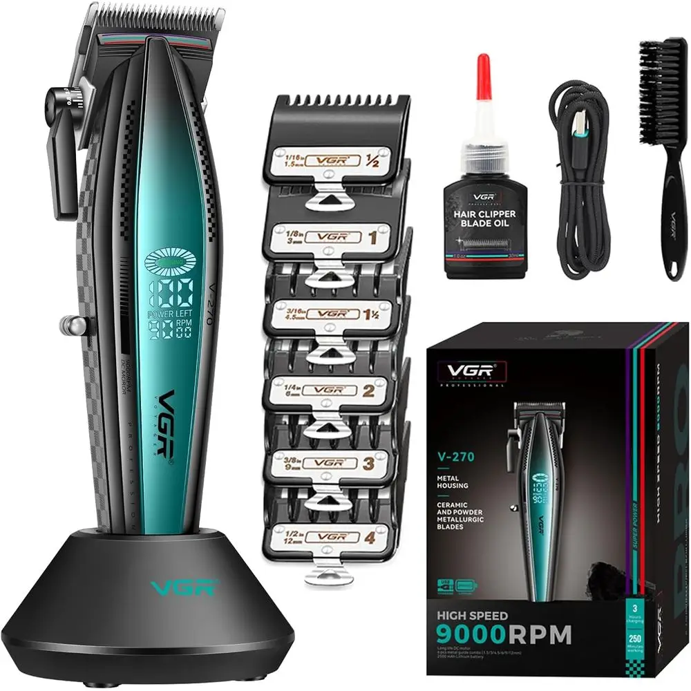 

Professional Low Noise 9000 RPM Hair Clippers with 6 Attachments, USB Charging, LED Display