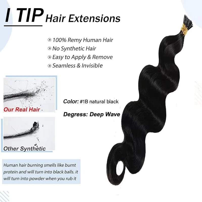 Body Wave Tip Human Hair Extensions Natural Black Hair Extensions Fusion 100% Remy Hair Stick Tip Real Human Hair Extensions #1B