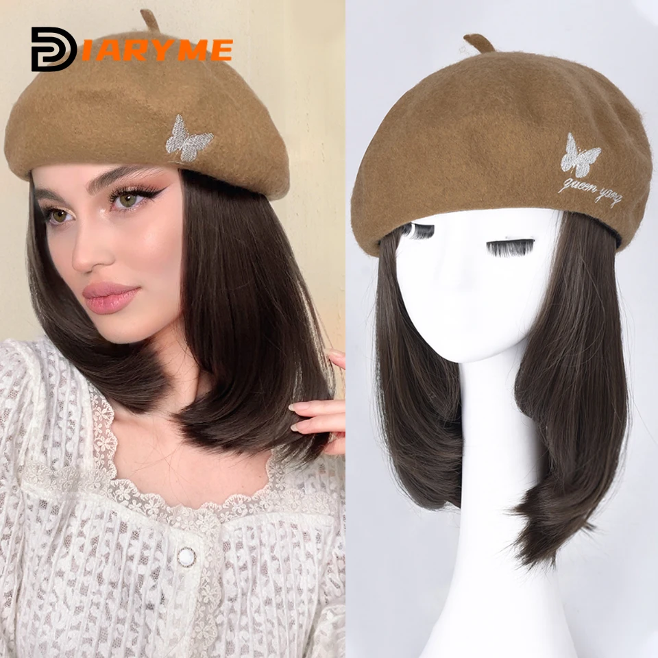 Synthetic Hat Wig Hair Extension Straight BOB Hair Wig With Cap Beret Hat Wigs For Women One Piece Wig Caps Heat Resistant Wire