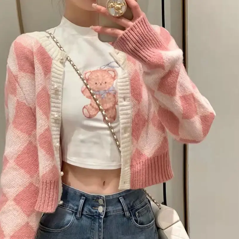 

Korejpaa Pink Checkered Knitted Cardigan Women Early Autumn Retro Thin Tops Short Jackets Gentle Sweet Sweater Coat