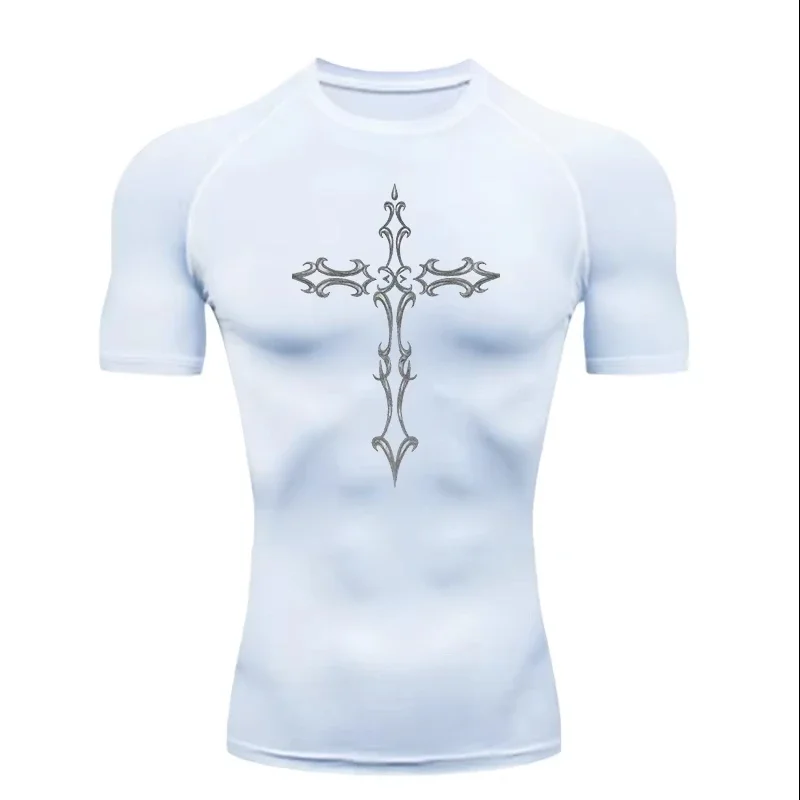 2026 Vintage Cross Print Men's Sports T-shirt Training Fitness Compression Shirt Gothic Pattern Sport T-Shirt Gym Fitness Tops