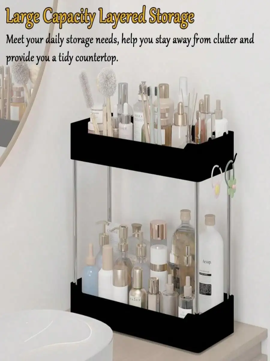 XingyLi Organizer da bagno nero a 2 livelli: vassoio staccabile, per lavello, vanità, camera da letto e cucina