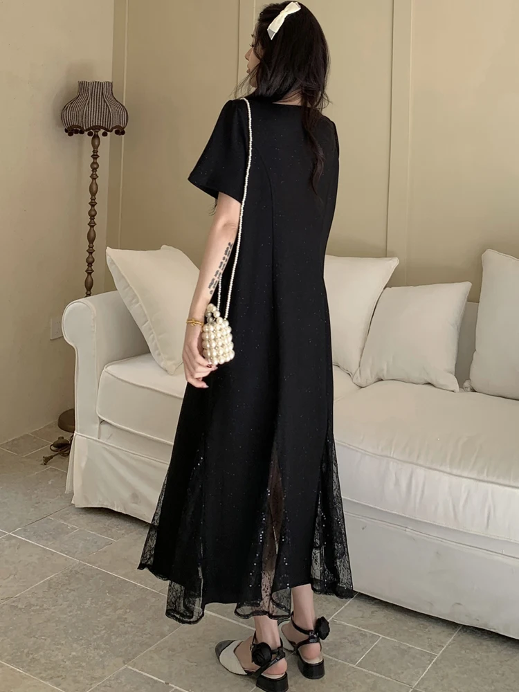 NYFS فستان صيفي 2025 كوريا نمط المرأة فضفاضة حجم كبير كم قصير المرقعة الدانتيل تنحنح فستان طويل رداء Elbise