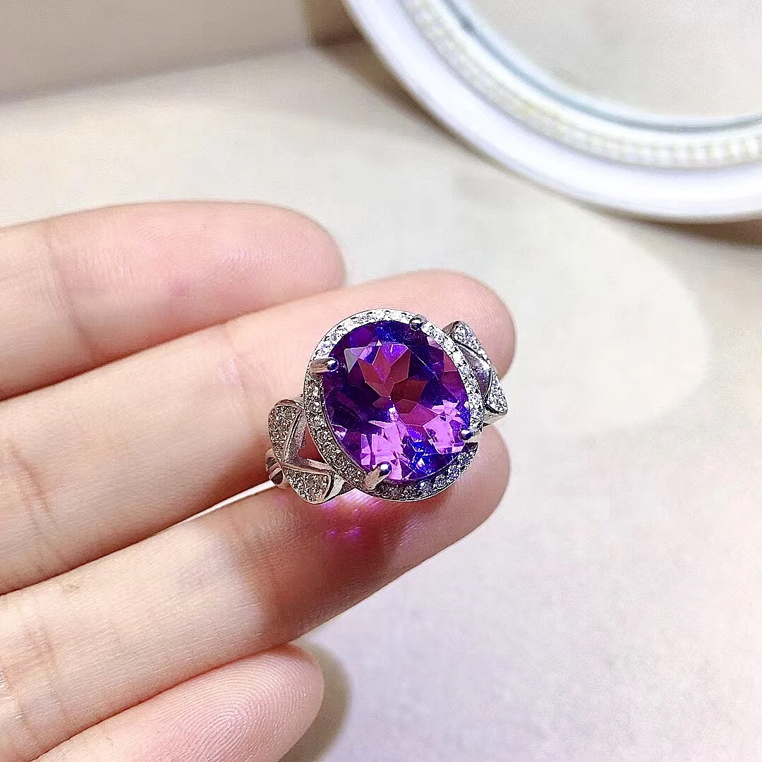 

3ct 10mm*12mm VVS Grade Natural Amethyst Ring for Office Woman Fashion Amethyst Silver Ring Brithday Gift for Wife