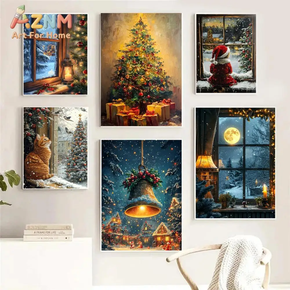 AZNM Frameless 2D Flat Winter Snow Christmas Tree Cat Bell Scenery Canvas Print, Reusable Warm Holiday Home Wall Art Decor
