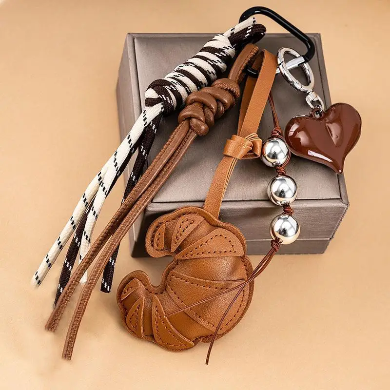 New Braided Rope Croissant Keychain: Heart Shape Mobile Phone Chocolate Bag Pendant Charms Ornaments Gifts