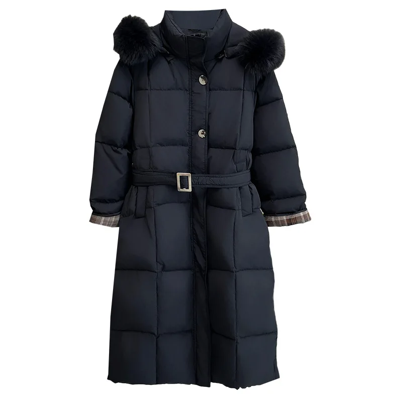 

XXXXL Fashion Plus Size Women's Down Jacket New Winter Korean Style Real Fox Fur Collar Hooded Belt Warm Long Coat 8739