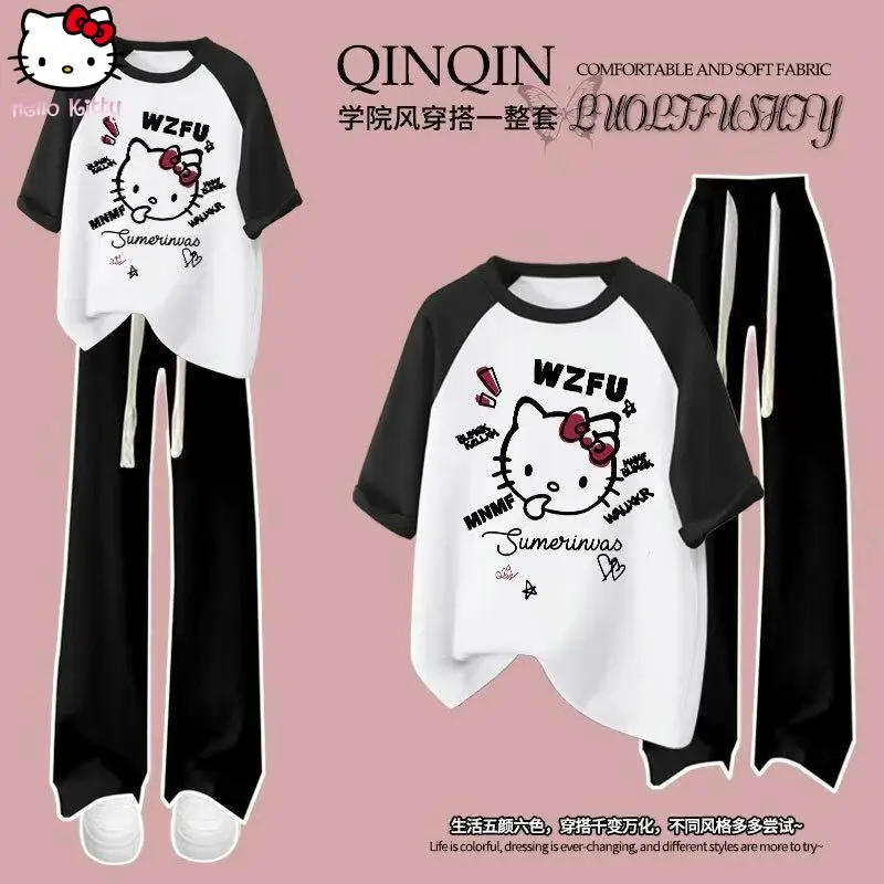 

Girl Hello Kitty Ice Silk T Shirt Suit Anime Cartoon Summer New Kawaii Girl Short Sleeved Trousers Sanrio Wide Leg Straight Pant