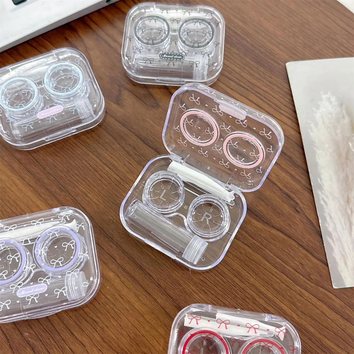 Bow Print Contact Lens Case Storage Set with Tweezers Suction Stick Bottle Travel Leak-Proof Storage​ Contact Lenses Case