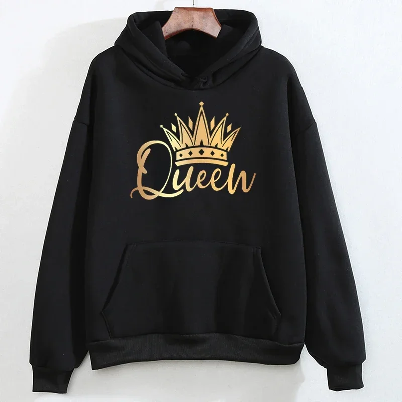 Spring Autumn Couple Sweatshirt Pattern KING and QUEEN Gold Crown Print Hoodie Fashion Couple Matching Tops Streetwear